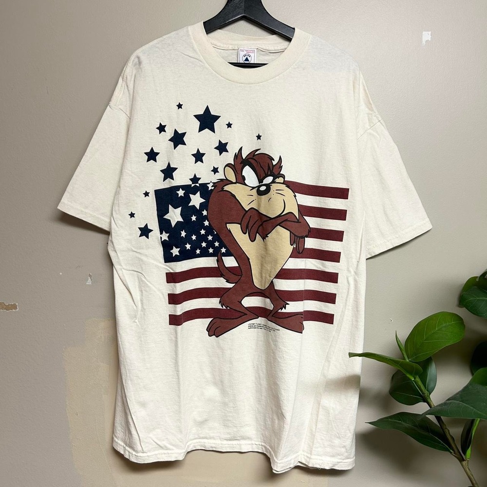 Vintage 90s Taz Looney Tunes American Flag Shirt Mens XXL Delta Cream T-Shirt